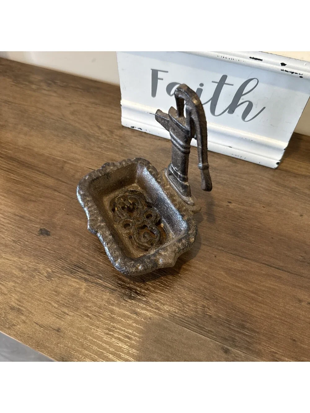 Cast Iron Water Pump Soap Dish Rustic Farmhouse Brown Footed Vintage Style
